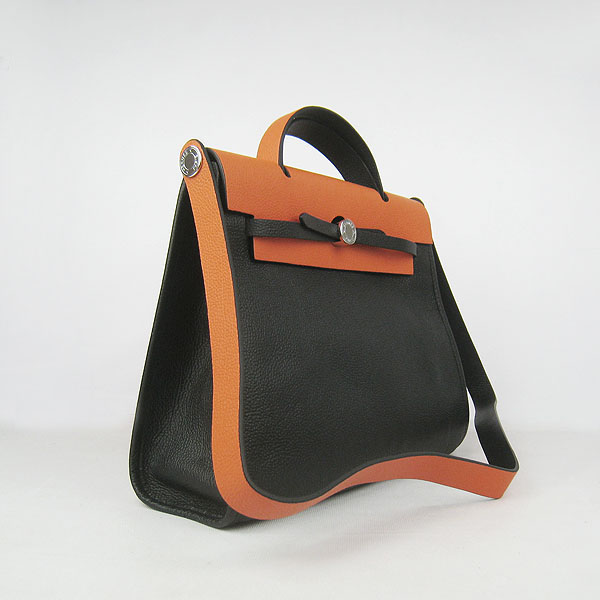 7A Replica Hermes Black/Orange Kelly 32cm Togo Leather Bag 60667 - Click Image to Close